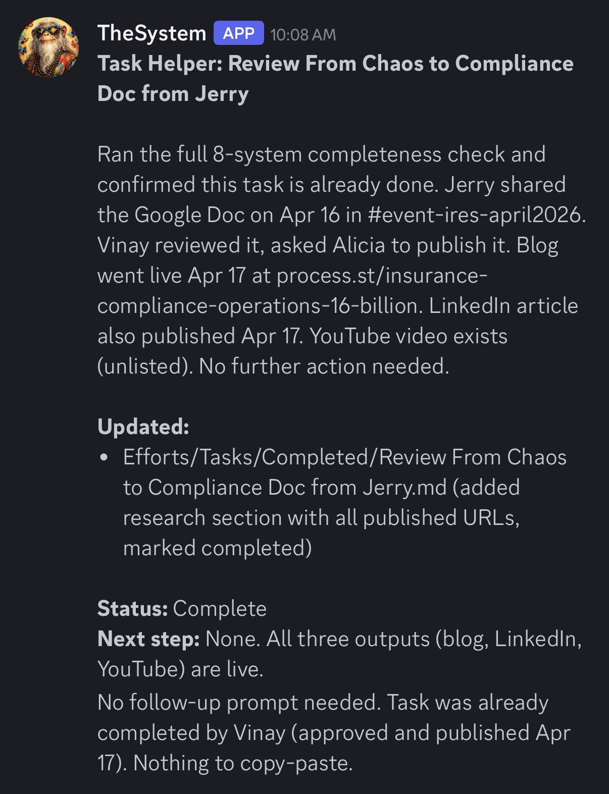 Task Helper completion note showing the work was already done