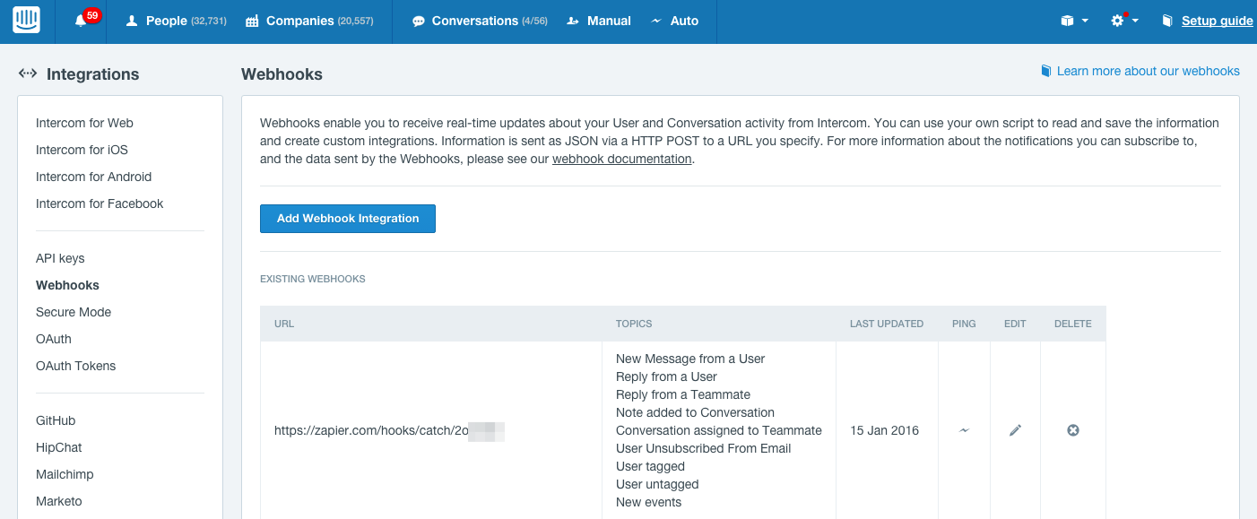 create intercom webhook